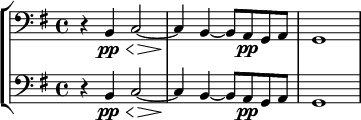  {
\new StaffGroup
  <<
    \new Staff { \relative c { \clef bass \key e \minor \set Staff.midiInstrument = #"cello" \set Score.tempoHideNote = ##t \tempo 4 = 70 \time 4/4 r4 b4\pp\<  c2\!\>~ c4\! b~ b8 a\pp g a g1 } }
    \new Staff { \relative c { \clef bass \key e \minor \set Staff.midiInstrument = #"contrabass" \set Score.tempoHideNote = ##t \tempo 4 = 70 \time 4/4 r4 b4\pp\<  c2\!\>~ c4\! b~ b8 a\pp g a g1 } }
  >>
}
