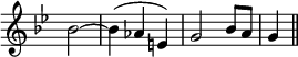 { \override Score.TimeSignature #'stencil = ##f \time 3/4 \key g \minor \partial 2 \relative b' { bes2 ~ bes4( aes e) | g2 bes8 a g4 \bar "||" } }