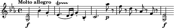 \n\\relative c' { \\set Staff.midiInstrument = #"string ensemble 1"\n  \\key es \\major\n  \\tempo "Molto allegro" \\set Score.tempoHideNote = ##t \\tempo 4 = 144\n <g es'>2\\f bes'4-. g-. es4.\\startTrillSpan( d16\\stopTrillSpan es) g4-. bes,-. c2. as''8\\p r f r d r as r f r <g, es'>2\\f\n}\n