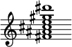 {
  % Rivin lopun pystyviiva ja tahtiosoitus piiloon.
  \override Score.BarLine.break-visibility = ##(#f #t #t)
  \override Staff.TimeSignature #'stencil = ##f
  
  <fis' ais' cis'' e'' gis'' dis'''>1
}
