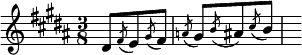 { \time 3/8 \key b \major \relative d' { dis8 \acciaccatura fis8 e \acciaccatura gis8 fis | \acciaccatura a8 gis8 \acciaccatura b8 ais8 \acciaccatura cis8 b | s } }