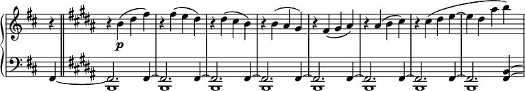 
\relative c'' {
 \new PianoStaff <<
  \new Staff \with { \remove "Time_signature_engraver" } {
   \key b \minor \time 2/2 \set Score.tempoHideNote = ##t \tempo "" 4=250 \partial 4
   r4 \bar "||" \key b \major r b\p ( dis fis) r fis( e dis)
   r dis( cis b) r b( ais gis) r fis( gis ais) r ais( b cis)
   r cis( dis e~ e dis ais' b)
  }
  \new Staff \with { \remove "Time_signature_engraver" } { \key b \minor \time 2/2 \clef bass
   <<
    {
     fis,,,4_~ \key b \major fis2. fis4~ fis2. fis4~ fis2. fis4~ fis2. fis4~
     fis2. fis4~ fis2. fis4~ fis2. fis4~ fis2.
     \shape #'((1 . -3) (1 . -2.8) (1 . -2.8) (1.5 . -2.3)) Slur
     \shape #'((1 . -4) (1 . -4) (1 . -4) (1.5 . -3.5)) PhrasingSlur
     <b fis>4*1/2^( ^\( \hideNotes <b fis>8) \)
    }
   \\
    { s4 b,1 b b b b b b b }
   >>
  }
 >>
}
