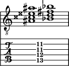  
<<
  %\override Score.BarLine.break-visibility = ##(#f #t #t)
  \time 2/1
    \new Staff  {
    \clef "treble_8"
        \once \override Staff.TimeSignature #'stencil = ##f
        < ais cisis' eisis' ais' >1 | < bes d' fis' bes' >1 |
    }

     \new TabStaff {
       \override Stem #'transparent = ##t
       \override Beam #'transparent = ##t 
      s2 < ais\5 d'\4 fis'\3 ais'\2 >1 s2
  }
>>
