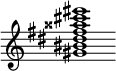 {
  % Rivin lopun pystyviiva ja tahtiosoitus piiloon.
  \override Score.BarLine.break-visibility = ##(#f #t #t)
  \override Staff.TimeSignature #'stencil = ##f
  
  <gis' bis' dis'' fis'' aisis'' cis''' eis'''>1
}
