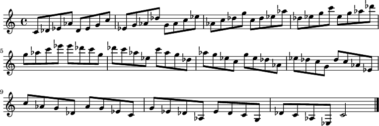 
{

\modalTranspose c c' { c des ees g aes } { c8 des ees aes } 
\modalTranspose c des' { c des ees g aes } { c des ees aes } 
\modalTranspose c ees' { c des ees g aes } { c des ees aes } 
\modalTranspose c g' { c des ees g aes } { c des ees aes } 
\modalTranspose c aes' { c des ees g aes } { c des ees aes } 
\modalTranspose c c'' { c des ees g aes } { c des ees aes } 
\modalTranspose c des'' { c des ees g aes } { c des ees aes } 
\modalTranspose c ees'' { c des ees g aes } { c des ees aes } 
\modalTranspose c g'' { c des ees g aes } { c des ees aes } 

\modalInversion c ees''' { c des ees g aes } { c des ees aes } 
\modalInversion c des''' { c des ees g aes } { c des ees aes } 
\modalInversion c c''' { c des ees g aes } { c des ees aes } 
\modalInversion c aes'' { c des ees g aes } { c des ees aes } 
\modalInversion c g'' { c des ees g aes } { c des ees aes } 
\modalInversion c ees'' { c des ees g aes } { c des ees aes } 
\modalInversion c des'' { c des ees g aes } { c des ees aes } 
\modalInversion c c'' { c des ees g aes } { c des ees aes } 
\modalInversion c aes' { c des ees g aes } { c des ees aes } 
\modalInversion c g' { c des ees g aes } { c des ees aes } 
\modalInversion c ees' { c des ees g aes } { c des ees aes } 
\modalInversion c des' { c des ees g aes } { c des ees aes } 

c'2

\bar "|."
}
