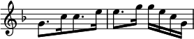 
\language "italiano"
melody=\relative do'' {
  \time 4/8
  \key fa \major
  sol8.[ do16 do8. mi16] | mi8.[ sol16] sol[ mi do sol] |
}
\score {
  <<
    \new Staff = "staff" {
      \new Voice = "melody" {
        \melody
      }
    }
  >>
  \layout {
    \context { \Staff 
               \RemoveEmptyStaves 
               \remove "Time_signature_engraver"
             }
    indent = 0\cm
    \override Score.BarNumber #'stencil = ##f
    line-width = #120
  }
  \midi { }
}
\header { tagline = ##f}
