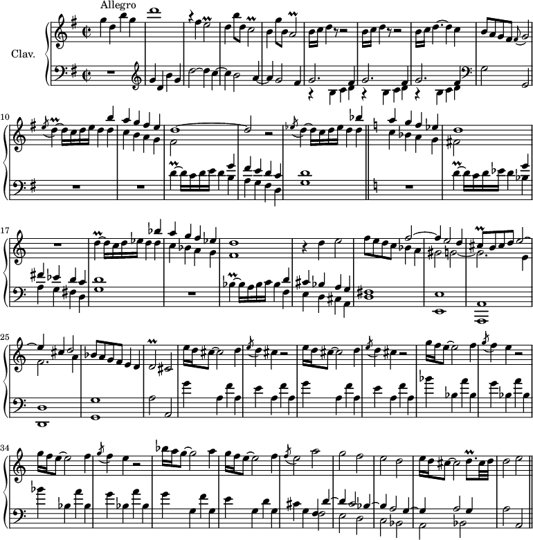 
\version "2.18.2"
\header {
 tagline = ##f
 % composer = "Domenico Scarlatti"
 % opus = "K. 539"
 % meter = "Allegro"
}

%% les petites notes
trillEb = { \tag #'print { e2\prall } \tag #'midi { fis16 e fis e~ e4 } }
trillCb = { \tag #'print { c2\prall } \tag #'midi { d16 c d c~ c4 } }
trillAb = { \tag #'print { a2\prall } \tag #'midi { b16 a b a~ a4 } }
trillDUpUp = { \tag #'print { d''4\prall~ } \tag #'midi { e16 d e d~ } }
trillDUp = { \tag #'print { d'4\prall~ } \tag #'midi { ees16 d ees d~ } }
trillD = { \tag #'print { d4\prall~ } \tag #'midi { e16 d e d~ } }
trillBes = { \tag #'print { bes4\prall~ } \tag #'midi { c16 bes c bes~ } }
trillCisq = { \tag #'print { cis8\prall } \tag #'midi { \times 2/3 { cis16 d cis } } }
trillDb = { \tag #'print { d2\prall } \tag #'midi { e16 d e d~ d4 } }

upper = \relative c'' {
 \clef treble 
 \key g \major
 \time 2/2
 \tempo 2 = 92
 \set Staff.midiInstrument = #"harpsichord"

 s8*0^\markup{Allegro}
 g'4 d b' g | d'1 | a4\rest fis4 \trillEb | d4 b'8 d, \trillCb | b4 g'8 b, \trillAb
 % ms. 6
 \repeat unfold 2 { b16 c d4 r8 r2 } | b16 c d4.~ d4 c | b8 a g fis \appoggiatura fis8 g2 | \acciaccatura e'8 \trillD d16 c d e d4 
 % ms. 10 fin…
 << { b'4 | a g fis e | d1~ | d2 } \\ { d4 | c b a g | fis2 } >> r2 | \acciaccatura ees'8 d4~ d16 c d ees d4 << { bes'4 } \\ { d,4 } >> \key c \major
 % ms. 16
 << { a' g f ees | d1 } \\ { c4 bes a g | fis2 } >> R1 | \trillDUp d16 c d ees d4 << { bes'4 | a g f ees | d1 } \\ { d4 | c bes a g | f1 } >> 
 % ms. 21
 r4 d'4 e2 | f8 e d c << { f2~ | f4 e2 d4 | \trillCisq b8 cis d e2~ | e4 cis d2 } \\ { bes4 a | gis2 g2~ | g2. e4 | f2. a4 } >>
 % ms. 26
 bes8 a g f e4 d | \trillDb cis2 | \repeat unfold 2 { e'16 d cis8~ cis2 d4 | \acciaccatura e8 d4 cis r2 } |
 % ms. 32
 \repeat unfold 2 { g'16 f e8~ e2 f4 | \acciaccatura g8 f4 e r2 } | bes'16 a g8~ g2 a4 | 
 % ms. 37
 g16 f e8~ e2 f4 | \acciaccatura f8 e2 a | g f e d | e16 d cis8~ cis2 d8.\prall cis32 d | d2 e 

}

lower = \relative c' {
 \clef bass
 \key g \major
 \time 2/2
 \set Staff.midiInstrument = #"harpsichord"

 % ************************************** \appoggiatura a16 \repeat unfold 2 { } \times 2/3 { } \omit TupletNumber 
 R1 | \clef treble g'4 d b' g | d'2~ d4 c~ | c b2 a4~ | a g2 fis4 |
 % ms. 6
 \repeat unfold 3 { << { g2. fis4 } \\ { r4 b,4 c d } >> } \clef bass | g,2 g, | R1*2
 % ms. 12
 \trillDUpUp d16 c d e d4 << { g4 fis e d c | d1 } \\ { b4 | a g fis d | g1 } >> \bar "||" \key c \major R1 |
 % ms. 16
 \trillDUp d16 c d ees d4 << { g4 fis ees d c | d1 } \\ { bes4 | a g fis d | g1 } >> | R1 | \trillBes bes16 a bes c bes4
 % ms. 20 fin…
 << { d4 | cis bes a g | fis1 } \\ { f4 | e d cis a | d1 } >> | < e, e' >1 < a, a' > < d d' >
 % ms. 26
 < g g' >1 | a'2 a, | \repeat unfold 2 { g''4 a, f' a, | e' a, f' a, }
 % ms. 32
 \repeat unfold 2 { bes'4 bes, a' bes, | g' bes, a' bes, } | g' g, f' g, |
 % ms. 37
 e'4 g, d' g, | cis g << { f4 d'~ | d c2 bes4~ | bes a2 g4~ | g a2 g4 } \\ { f2 | e d c bes | a bes } >> a'2 a, \bar "||"

}

thePianoStaff = \new PianoStaff <<
 \set PianoStaff.instrumentName = #"Clav."
 \new Staff = "upper" \upper
 \new Staff = "lower" \lower
 >>

\score {
 \keepWithTag #'print \thePianoStaff
 \layout {
 #(layout-set-staff-size 17)
 \context {
 \Score
 \override TupletBracket.bracket-visibility = ##f
 \override SpacingSpanner.common-shortest-duration = #(ly:make-moment 1/2)
 \remove "Metronome_mark_engraver"
 }
 }
}

\score {
 \keepWithTag #'midi \thePianoStaff
 \midi { }
}
