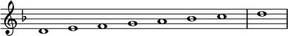 
\relative c' {  
   \new Staff \with { \remove "Time_signature_engraver" }  
   { \key d \minor \time 1/1 \cadenzaOn d1 e f g a bes c \bar "|" d \bar"|"}
   }
