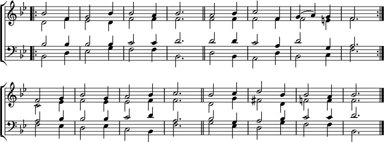 
\new ChoirStaff <<
  \new Staff { \clef treble \time 3/4 \key bes \major \set Staff.midiInstrument = "church organ" \omit Staff.TimeSignature \set Score.tempoHideNote = ##t \override Score.BarNumber  #'transparent = ##t 
  \relative c''
  << { \bar".|:" bes2 f4 | g2 bes4 | 2 a4 | bes2. \bar"||"
       a2 bes4 | c2 f,4 | g( a) g | f2. \bar":|." \break
       f2 g4 | bes2 g4 | a2 bes4 | c2. \bar"||"
       bes2 c4 | d2 bes4 | 2 a4 | bes2. \bar"|." } \\
  { d,2 f4 | es2 d4 | f2 4 | 2. | 2 4 | 2 4 | 2 e4 | f2.
    c2 es4 | f2 es4 | 2 f4 | 2. | d2 g4 | fis2 d4 | f!2 4 | 2. } >>
  }
\new Staff { \clef bass \key bes \major \set Staff.midiInstrument = "church organ" \omit Staff.TimeSignature \override Staff.NoteHead.style = #'altdefault
  \relative c'
  << { bes2 4 | 2 4 | c2 4 | d2. | 2 4 | c2 a4 | d2 g,4 | a2.
       a2 bes4 | 2 4 | c2 d4 | a2. | bes2 g4 | a2 bes4 | c2 4 | d2. } \\
  { bes,2 d4 | es2 g4 | f2 4 | bes,2. | d2 bes4 | a2 d4 | bes2 c4 | f2.
    f2 es4 | d2 es4 | c2 bes4 | f'2. | g2 es4 | d2 g4 | f2 4 | bes,2. } >>
  } 
>>
\layout { indent = #0 }
\midi { \tempo 4 = 120 }
