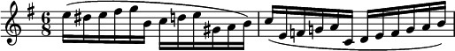  \relatif c" { \mengatur Staf.midiInstrument = #"biola" \kunci e \minor \waktu 6/8 e16( dis e fis g b c d e f gis a b) c( e, f, g! a c d e f g a b) }