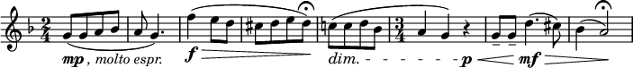 
\relative c'' {  \new Staff { \key f \major \time 2/4 \numericTimeSignature
    [ g8-\markup { \dynamic mp \italic {, molto espr.}}( g a bes ] | a8 g4.)  |
    f'4-\f\>( e8 d | [ cis8 d e d\!\fermata) ] | 
    [c!8\dim( c d bes ] | \time 3/4 a4 g4) r4\p\< |
     g8-- g8-- d'4.-\mf\>( cis8) | bes4( a2\!\fermata) |
    }}
