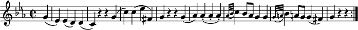 
\version "2.18.2"
\header {
  tagline = ##f
}

\score {
  \new Staff \with {

  }
<<
  \relative c'' {
    \key c \minor
    \time 2/2  
    \tempo 2 = 72
    \override TupletBracket #'bracket-visibility = ##f 

     %%Mozart — Concerto 24, mvt 3, th. 1
     \partial 4 g4
     (ees) ees (d) d
     (c) r4 r4 g'
     (c) c (ees fis,)
     g r4 r4 g4
     (aes) aes-. (aes-. aes-.)
     \grace { aes32 (bes } c4) bes8 aes g4 g
     \grace { g32 (a } bes4) a!8 g g4 (fis) 
     g r r \bar ":|."

  }
>>
  \layout {
     \context { \Score \remove "Metronome_mark_engraver" }
  }
  \midi {}
}
