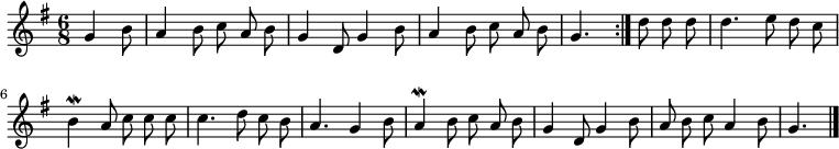 
\relative c'' {
  \key g \major
  \time 6/8
  \partial 4.
  \autoBeamOff
  \repeat volta 2 {
    g b8
    a4 b8 c a b
    g4 d8 g4 b8
    a4 b8 c a b
    g4.
  } d'8 d d
  d4. e8 d c

  b4\mordent a8 c c c
  c4. d8 c b
  a4. g4 b8
  a4\mordent b8 c a b
  g4 d8 g4 b8
  a b c a4 b8
  g4.
  \bar "|."
}
