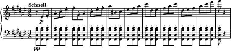 
\relative c' {
  \new PianoStaff <<
    \new Staff {
      \set Staff.midiInstrument = #"string ensemble 1" \key fis \major \clef treble \time 3/8 \set Score.tempoHideNote = ##t \tempo "Schnell" 4 = 175
      r8 eis8 \p -. fis8 -. |
      ais8 -. cis8 -. eis8 -. |
      fis8 -. gis,8 -. ais8 -. |
      cis8 -. eis8 -. fis8 -. |
      ais8 bis,8 cis8 |
      eis8 fis8 ais8 |
      cis8 dis,8 eis8 |
      fis8 ais8 cis8 |
      dis,8 eis8 fis8 |
      ais8 cis8 eis8 |
      fis8 r4 |
    }
    \new Staff {
      \set Staff.midiInstrument = #"string ensemble 1" \key fis \major \clef bass
      <fis,,,, cis' ais' cis>8 \pp -. <fis cis' ais' cis>8 -. <fis cis' ais' cis>8 -. |
      <fis cis' ais' cis>8 -. <fis cis' ais' cis>8 -. <fis cis' ais' cis>8 -. |
      <fis cis' ais' cis>8 -. <fis cis' ais' cis>8 -. <fis cis' ais' cis>8 -. |
      <fis cis' ais' cis>8 -. <fis cis' ais' cis>8 -. <fis cis' ais' cis>8 -. |
      <fis cis' ais' cis>8 -. <fis cis' ais' cis>8 -. <fis cis' ais' cis>8 -. |
      <fis cis' ais' cis>8 -. <fis cis' ais' cis>8 -. <fis cis' ais' cis>8 -. |
      <fis cis' ais' cis>8 -. <fis cis' ais' cis>8 -. <fis cis' ais' cis>8 -. |
      <fis cis' ais' cis>8 -. <fis cis' ais' cis>8 -. <fis cis' ais' cis>8 -. |
      <fis cis' ais' cis>8 -. <fis cis' ais' cis>8 -. <fis cis' ais' cis>8 -. |
      <fis cis' ais' cis>8 -. <fis cis' ais' cis>8 -. <fis cis' ais' cis>8 -. |
      <fis cis' ais' cis>8 -. r4 |
    }
  >>
}
