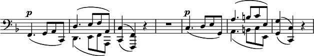 
\relative c, {
 \new Staff \with { \remove "Time_signature_engraver" } { \key f \major \time 3/4 \set Score.tempoHideNote = ##t \tempo "" 2=86 \clef bass
  <<
   {
    \override MultiMeasureRest.staff-position = #0
    f4.^\p _( g8 a c,) d'4.( e8 f a,) <c c,>4( _\( <f, f,>\) ) d'\rest R2.
    c4.^\p _( d8 e g,) a'4.( b8 c e,) <g g,>4( _\( <c, c,> \) ) d\rest
   }
  \\
   { s2. d,4.( e8 f a,) s2. s s a'4.( b8 c e,) s2. }
  >>
 }
}
