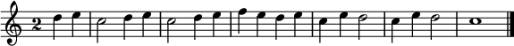 
\relative c'' {
  \key c \major
  \override Staff.TimeSignature #'style = #'single-digit
  \time 2/2
  \partial 2
  d4 e
  c2 d4 e
  c2 d4 e
  f e d e
  c e d2
  c4 e d2
  c1
  \bar "|."
}
\midi {
  \context {
    \Score
    tempoWholesPerMinute = #(ly:make-moment 100 2)
  }
}
