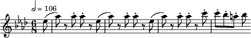 
\relative c'' { 
 \set Staff.midiInstrument = #"flute"
 \tempo 2 = 106
 \key as \major
 \time 6/8
 \partial 8 es8( as) r8 as8-. as-. r8 es8( as) r8 as8-. as-. r8 es8( as) r8 as8-. as-. r8 c8-. c-. bes-. a-. bes
}
