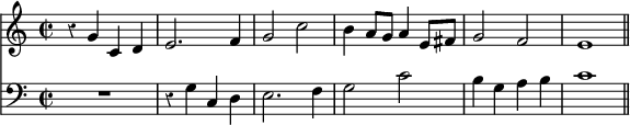 { \time 2/2 \override Score.Rest #'style = #'classical << \relative g' { r4 g c, d e2. f4 g2 c b4 a8 g a4 e8 fis g2 f e1 \bar "||" } \new Staff { \clef bass R1 r4 g c d e2. f4 g2 c'2 b4 g a b c'1 } >> }