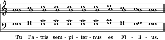 << \new Staff { \override Score.TimeSignature #'stencil = ##f \time 11/1 << \new Voice \relative g' { g1 b c c c c c d b a g \bar "||" } \new Voice = "Org" \relative g' { \shiftOn g1 \shiftOff g g g g g g a g \shiftOn g g } >> }
\new Staff { \clef bass << \new Voice \relative g { g1 b c c c c c d b a g } \new Voice = "Org" { \shiftOn g1 \shiftOff g g g g g g a g \shiftOn g g } >> } \new Lyrics \lyricsto "Org" { Tu Pa -- tris sem -- pi -- ter -- nus es Fi -- li -- us. } >>