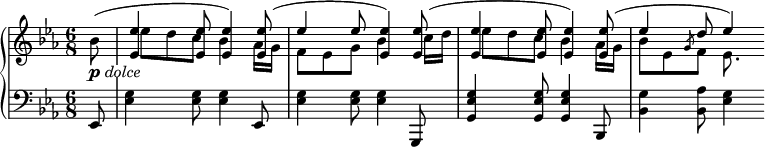 
 { \new PianoStaff <<
    \new Staff {
      <<
        \relative bes' {
          \key es \major \time 6/8 \partial 8 \set Score.tempoHideNote = ##t \tempo 8=100 
          \slurUp bes8( _\markup { \dynamic p \italic \whiteout dolce }
          \stemUp <es, es'>4 <es es'>8 <es es'>4) <es es'>8(
          es'4 es8 <es, es'>4) <es es'>8(
          <es es'>4 <es es'>8 <es es'>4) <es es'>8(
          es'4 d8 es4)
        }
        \relative bes' {
          \key es \major \time 6/8 \partial 8 \stemDown \dotsDown s8
          \once \override NoteColumn.force-hshift = #1.7 es8 d c bes4 as16 g
          f8 es g bes4 \once \override NoteColumn.force-hshift = #1.4 c16 d
          \once \override NoteColumn.force-hshift = #1.7 es8 d c bes4 as16 g
          bes8 es, \once \override Stem.length = #5 \slashedGrace g8 f es8.
        }
      >>
    }
    \new Staff \relative es, {
      \clef bass \key es \major \time 6/8 \partial 8 es8
      <es' g>4 <es g>8 <es g>4 es,8
      <es' g>4 <es g>8 <es g>4 g,,8
      <g' es' g>4 <g es' g>8 <g es' g>4 bes,8
      <bes' g'>4 <bes as'>8 <es g>4
    }
  >>
}
