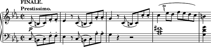 
 \relative c' {
  \new PianoStaff <<
   \new Staff { \key c \minor \time 2/2 \partial 4*5/2
    \tempo \markup {
     \column {
      \line { FINALE. }
      \line { Prestissimo. }
     }
    }
    \override TextScript #'avoid-slur = #'inside
    \override TextScript #'outside-staff-priority = ##f
    c8( b c) f-. f-. es4 r8 c( b c) aes'-. aes-. g4 r8
    c,( b c) c'-. c-. c4^\markup
    \override #'(baseline-skip . 1) {
     \halign #-4
     \teeny \center-column {
      \musicglyph #"scripts.turn"
      \natural
      }
     }
    ( es8 d f es d c) b4
   }
   \new Dynamics {
    s4\p
   }
   \new Staff { \key c \minor \time 2/2 \clef bass
    c,,8( b c) f-. f-. es4 r8 c( b c) aes'-. aes-. g4 r r2 <fis' c aes>1 <g d g,>4
   }
  >>
 }
