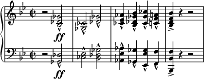 
\relative c' {
  \new PianoStaff <<
    \new Staff {
      \set Staff.midiInstrument = #"french horn" \key bes \major \clef treble \time 2/2 \set Score.tempoHideNote = ##t \tempo 4 = 80
      r2 <bes des ges>2 \ff _^ |
      <ges ces>2 _^ <des' ges>2 _^ |
      <ces es as>4 _^ <bes des ges bes>4 _^ <ces ges' ces>4 _^ <c f a>4 _^ |
      <bes d f bes>4 -> r4 r2 |
    }
    \new Staff {
      \set Staff.midiInstrument = #"french horn" \key bes \major \clef bass \time 2/2
      r2 <ges, des'>2 \ff _^ |
      <ces es>2 ^^ <bes des ges>2 ^^ |
      <as es' as>4 ^^ <ges ges'>4 _^ <es es' ges>4 _^ <f f'>4 _^ |
      <bes, bes' f'>4 -> r4 r2 |
    }
  >>
}
