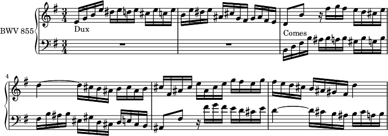 
\version "2.18.2"
\header {
  tagline = ##f
}

Dux         = { e16_\markup{Dux}  g b e dis e d e cis e c e | b e dis e ais, cis g fis g ais fis e }
ContreSujet = { d8 b' r16 fis'16 g fis e d cis e d4~ d16 cis b ais b cis ais b }
Comes       = { b16^\markup{Comes} d fis b ais b a b gis b g b fis b ais b eis, gis d cis d e cis b }

upper = \relative c' {
  \clef treble
  \key e \minor
  \time 3/4
  \tempo 4 = 126
  \set Staff.midiInstrument = #"harpsichord"

   %% FUGUE CBT I-10, BWV 855, mi mineur
   \Dux \ContreSujet cis16 fis, ais cis e ais, cis e g fis e g fis e d cis b ais gis fis d'4~

}

lower = \relative c {
  \clef bass
  \key e \minor
  \time 3/4
  \set Staff.midiInstrument = #"harpsichord"
 
   R2.*2 \Comes ais8 fis' r16 fis'16 g fis e d cis e d4~ d16 cis b ais b cis a b

}

\score {
  \new PianoStaff <<
    \set PianoStaff.instrumentName = #"BWV 855"
    \new Staff = "upper" \upper
    \new Staff = "lower" \lower
  >>
  \layout {
    \context {
      \Score
      \remove "Metronome_mark_engraver"
    }
  }
  \midi { }
}
