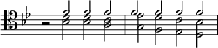 { \override Score.TimeSignature #'stencil = ##f \time 4/2 \key bes \major \clef tenor \relative f' { r2 << { f f f f f f f } \\ { <d bes> q <c a> <ees g,> <d f,> <c ees,> <bes d,> } >> } }