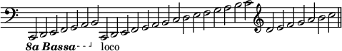 
\language "italiano"
\relative do, {
\clef bass
\key do \major
\override Staff.TimeSignature #'stencil = ##f
\cadenzaOn
\ottava #-1 \set Staff.ottavation = #"8a Bassa" 
do,2 re mi fa sol la
\unset Staff.ottavation si
\ottava #0  
 do2_loco re mi fa sol la si do re mi fa sol la si do
\clef treble
re mi fa sol la si do
\bar "||"
}
\header { tagline = ##f}
\paper {
  indent = 0
  line-width = #120
}
\layout {
   #(layout-set-staff-size 15)
}
