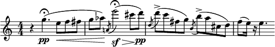 \ relative c '' '{\ clef treble \ numericTimeSignature \ time 4/4 \ key c \ major r4 g4. \ pp \ fermata (e8 \ <f fis | g aes \!) \ slashedGrace {a,! (} e '' 2 \ sf \ fermata \>) (cis8 \! D \ pp) |  \ slashedGrace {d, (} d ') -> (c fis, g) \ slashedGrace {b, (} b') -> (a cis, d) |  f (e16) r e4.  }