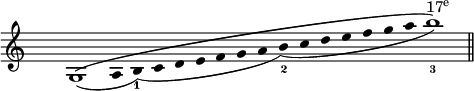  
\relative c'{
\override Staff.TimeSignature #'transparent = ##t
\time 23/4
g1\(_(
\override Stem #'stencil = ##f 
\override Stem #'length = #0 
a4
b)_(_1
c d e f g a 
b)_(_2
c d e f g a
\override Stem #'stencil = ##t 
\override Stem #'length = #3.5
b1)\)^\markup{\concat { "17" { \tiny\raise #0.8 "e"}}}_3
\bar "||"  
}
