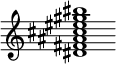 {
  % Rivin lopun pystyviiva ja tahtiosoitus piiloon.
  \override Score.BarLine.break-visibility = ##(#f #t #t)
  \override Staff.TimeSignature #'stencil = ##f
  
  <dis' fis' ais' cis'' eis'' gis'' bis''>1
}
