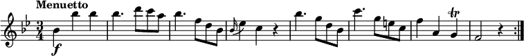 \relative c'' {  \version "2.18.2"    \key bes \major    \time 3/4    \tempo "Menuetto"   bes4\f bes' bes   bes4. d8 c a   bes4.  f8 d bes    \grace bes16 (ees4) c r4    bes'4. g8 d bes    c'4. g8 e c    f4 a, g  \trill    f2 r4 \bar ":|."  }