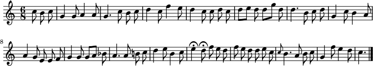 
\relative c'' {
  \time 6/8
  \partial 4.
  \autoBeamOff
  c8 b c
  g4 g8 a4 a8
  g4. c8 b c
  d4 c8 f4 e8
  d4 c8 c d c
  d[ e] d d[ g] d
  d4. b8 c d
  g,4 c8 b4 a8

  a4 g8 e e f
  g4 g8 g[ a] bes
  a4. a8 b! c
  d4 e8 b4 c8
  e4\fermata d8\fermata f8 e d
  f e d d e c
  \grace c b4. a8 b c
  g4 f'8 e4 d8
  c4.
  \bar "|."
}
