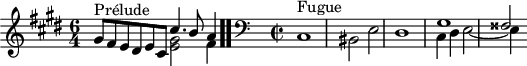 
\version "2.18.2"
\header {
  tagline = ##f
}

\score {
  \new Staff \with {
%fontSize = #-2
  }
<<
  \relative c'' {
    \key cis \minor
    \time 6/4

     %% INCIPIT CBT I-18, BWV 849, ut-dièse mineur
     << { s4*0^\markup{Prélude} gis8 fis e dis e cis cis'4. b8 a4 } \\ { s2. < gis e >2 fis4 } >> \bar ".."

     \skip 16*1
     \override Staff.Clef.extra-offset = #'( -1 . 0 )
     \time 2/2 
     \clef bass
     << { \relative c' { s1*3 gis1 fisis2 } } \\ { \relative c { cis1^\markup{Fugue} bis2 e dis1 cis4 dis e2~ e4 } } >>

  }
>>
  \layout {
     \context { \Score \remove "Metronome_mark_engraver" 
     \override SpacingSpanner.common-shortest-duration = #(ly:make-moment 1/2) 
}
  }
  \midi {}
}
