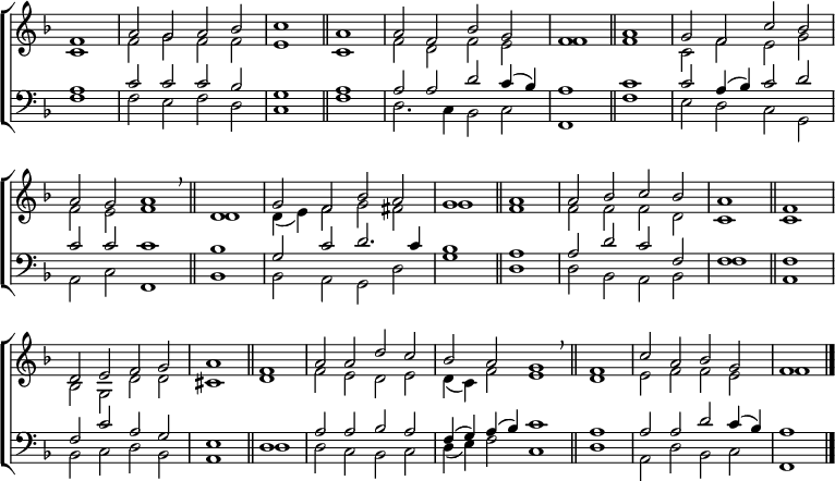 
\new ChoirStaff <<
  \new Staff { \clef treble \time 4/2 \key f \major \partial 1 \set Staff.midiInstrument = "church organ" \omit Staff.TimeSignature \set Score.tempoHideNote = ##t \override Score.BarNumber  #'transparent = ##t
  \relative c'
  << { f1 | a2 g a bes | c1 \bar"||" a | a2 f bes g | f1 \bar"||" 
       a | g2 f c' bes \break a g a1 \breathe \bar"||" 
       \time 2/2 d, | \time 4/2 g2 f bes a | g1 \bar"||"
       a | a2 bes c bes | a1 \bar"||" f \break d2 e f g | a1 \bar"||"
       f | a2 a d c | bes a g1 \breathe \bar"||" 
       \time 2/2 f | \time 4/2 c'2 a bes g | f1 \bar"|." } \\
  { c1 | f2 g f f | e1 c | f2 d f e | f1 f | c2 f e g
    f e f1 | d | d4( e) f2 g fis | g1 f | f2 f f d | c1 c
    bes2 g d' d | cis1 d | f2 e d e | d4( c) f2 e1 | d | e2 f f e | f1 } >>
  } 
\new Staff { \clef bass \key f \major \set Staff.midiInstrument = "church organ" \omit Staff.TimeSignature
  \relative c'
  << { a1 | c2 c c bes | g1 a | a2 a d c4( bes) | a1 c | c2 a4( bes) c2 d 
       c c c1 | bes | g2 c d2. c4 | bes1 a | a2 d c f, | f1 f
       f2 c' a g | e1 d | a'2 a bes a | f4( g) a( bes) c1 | a | a2 a d c4( bes) | a1 } \\
  { f1 | f2 e f d | c1 f | d2. c4 bes2 c | f,1 f' | e2 d c g 
    a c f,1 | bes |bes2 a g d' | g1 d | d2 bes a bes | f'1 a,
    bes2 c d bes | a1 d | d2 c bes c | d4( e) f2 c1 | d | a2 d bes c | f,1 } >>
  } 
>>
\layout { indent = #0 }
\midi { \tempo 2 = 72 }
