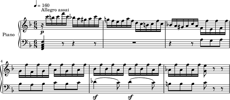 
\version "2.14.2"
\header {
  tagline = ##f
}
upper= \relative c' {
  \clef treble
  \key f \major
  \time 6/8
  \tempo 4 = 160
  \set Staff.midiInstrument = #"piano"

    r16\p^\markup { Allegro assai} c''16 b c f c bes a gis a c a
    g! f e f a f   d c b c f c
    bes! a gis a c a    f f' e, f' f, f'
    g, f' f, f' g, f'    a, f' g, f' a, f'
    bes, f' bes, f' a, f'   bes, f' bes, f' a, f'
   aes, f' aes, f' aes, f'  <g, e'>8 r8 r8
  }

lower=\relative c {
    \clef bass
    \key f \major
    \numericTimeSignature
    \time 6/8
    <f, a c f>4 r8 r4 r8
   R2.
   r4 r8 a'8 g a
   bes a bes c bes c
   des4\sf (c8) des4\sf (c8)
   b8 b b c r8 r8
  }

\score {
       \new PianoStaff \with { instrumentName = #"Piano" }
       <<
         \new Staff = "upper" \upper
         \new Staff = "lower" \lower
       >>
\layout { }
\midi { } }
