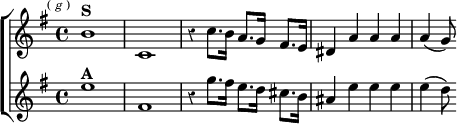  \new ChoirStaff << \override Score.Rest #'style = #'classical
 \new Staff \relative b' { \key e \minor \time 4/4 \mark \markup \tiny { (\italic"g") }
    b1^\markup \bold "S" c, | r4 c'8. b16 a8. g16 fis8. e16 |
    dis4 a' a a | a( g8) }
  \new Staff \relative e'' { \key e \minor
    e1^\markup \bold "A" fis, | r4 g'8. fis16 e8. d16 cis8. b16 |
    ais4 e' e e | e( d8) } >>