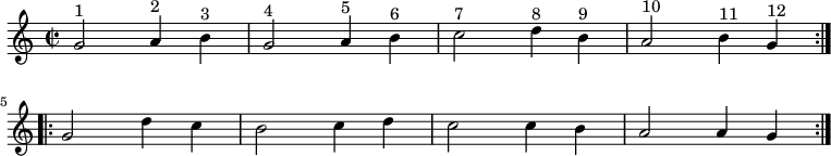 { \time 2/2 \relative g' {
\repeat volta 2 {
  g2^"1" a4^"2" b^"3" | g2^"4" a4^"5" b^"6" |
  c2^"7" d4^"8" b^"9" | a2^"10" b4^"11" g^"12" | } \break
\repeat volta 2 {
  g2 d'4 c | b2 c4 d | c2 c4 b | a2 a4 g } } }