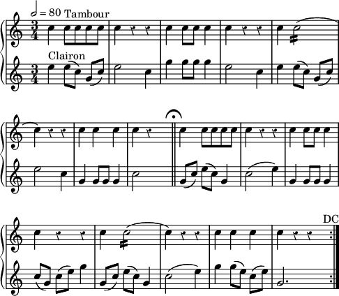 
drum = \new DrumStaff \drummode {
  \set Staff.instrumentName =  \markup \fontsize #-2 #" "
  \set Staff.midiInstrument = #"drums"
  \tempo  2=80
  \clef treble
  \time 3/4
  \override Staff.Rest.style = #'classical
  sn4 sn8[^\markup "Tambour" sn sn sn] | sn4 r r | sn sn8[ sn] sn4 | sn r r | sn sn2:16( | \break
  sn4) r r | sn sn sn | sn r s  \mark \markup { \musicglyph "scripts.ufermata" } \bar "||" sn4 sn8[ sn sn sn] | sn4 r r | sn sn8[ sn] sn4 | \break
  sn r r sn sn2:16( | sn4) r r | sn sn sn | sn r r^\markup { \halign #-3 "DC" } \bar ":|."
}

\language "italiano"
trumpet = {
  \set Staff.instrumentName =  \markup \fontsize #-2 #" "
  \set Staff.midiInstrument = #"trumpet"
  \tempo  2=80
  \clef treble
  \time 3/4
  \override Staff.Rest.style = #'classical
  \relative do'' {
  mi4^\markup "Clairon" mi8[( do]) sol[( do]) | mi2 do4 | sol' sol8[ sol] sol4 | mi2 do 4 | mi4 mi8[( do]) sol[( do]) | \break
  mi2 do4 | sol sol8[ sol] sol4 | do2 s4 \mark \markup { \musicglyph "scripts.ufermata" } \bar "||" sol8[( do]) mi[( do]) sol4 | do2( mi4) | sol, sol8[ sol] sol4 | \break
  do8[( sol]) do[( mi]) sol4 | sol,8[( do]) mi[( do]) sol4 | do2( mi4) | sol sol8[( mi]) do[( mi]) | sol,2. \bar ":|."
 }
}

\score {
  \new GrandStaff 
<<
     { \drum    }
    \new Staff  { \trumpet }
>>
  
  \layout {
    indent = 0.0\cm
    \override Score.BarNumber #'stencil = ##f
    line-width = #120
  }
   \midi {
    \context {
      \Score
%      tempoWholesPerMinute = #(ly:make-moment 120 4)
    }
  }

}
\header { tagline = ##f}
\paper {
  print-page-number = ##f
}
