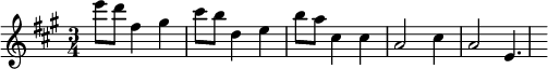 
\new Staff {
  \relative c' {
    \key a \major
    \time 3/4
    e''8 d8 fis,4 gis4
    cis8 b8 d,4 e4
    b'8 a8 cis,4 cis
    a2 cis 4 a2 e4.
  }
}
\midi {
  \context {
    \Score
    tempoWholesPerMinute = #(ly:make-moment 120 4)
  }
}
