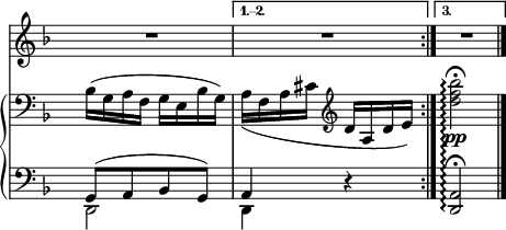 
sVarB = { bes'16([g a f] g[e bes' g]) | a_([f a cis] \clef "violin" d[a d e]) \bar ":|." <d' f bes>2_\pp\arpeggio\fermata \bar "|." }

sVarCaa = { << { \voiceOne a'4 } \new Voice { \voiceTwo d, } >> \oneVoice r }

sVarA = { R2*3 \bar "|." }

sVarCrep = { << { \voiceOne g8([a bes g]) } \new Voice { \voiceTwo d2 } >> }

sVarCab = { <d a'>2\arpeggio\fermata \bar "|." }

\paper { #(set-paper-size "a3")
 oddHeaderMarkup = "" evenHeaderMarkup = "" }
\header { tagline = ##f }
\version "2.18.2"
\score {
\midi {  }
\layout { line-width = #200
indent = 0\cm}
<<
  \new Staff { \clef "violin" \key d \minor \time 2/4 \override Staff.TimeSignature #'transparent = ##t \autoBeamOff \relative d' { \sVarA } }
  \new PianoStaff <<
    \set PianoStaff.connectArpeggios = ##t
    \new Staff = "up" { \clef "violin" \key d \minor \time 2/4 \override Staff.TimeSignature #'transparent = ##t \relative e { \clef "bass" \sVarB } }
    \new Staff = "down" { \clef "bass" \key d \minor \time 2/4 \override Staff.TimeSignature #'transparent = ##t \relative b, { \repeat volta 3 { \sVarCrep } \alternative { { \sVarCaa } { \sVarCab } } } }
  >>
>> }