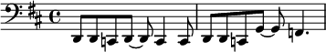 \relative { \time 4/4 \key d \major \clef bass d,8 d c d~ d c4 c8 d d c g'~ g f4. }