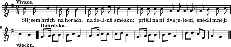 
\relative d'' {
 \key g \major
 \time 2/4
 \tempo "Vivace."
 \autoBeamOff
 d8 d d4 b8 b b4 b8 c d e d4 c
 c8 c c c a a a a a b c d c4 b
 \bar "|."
 \tempo "Dohrávka."
 \autoBeamOn
 g8. a16 b8 b b c a4 a8. b16 c8 c c d b4
 g8. a16 b8 b b c a4 d8 d c fis, a4 g
 \bar "|."
 }
\addlyrics {
Sil jsem hrách na ho -- rách,
na do -- li -- ně smě -- sku:
při -- šli na ni dva je -- le -- ni,
sně -- dli mně ji vše -- cku.
}
