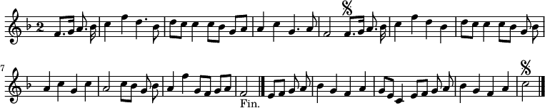 
\relative c' {
  \key f \major
  \override Staff.TimeSignature #'style = #'single-digit
  \time 2/2
  \partial 2
  \autoBeamOff
  f8.[ g16] a8. bes16
  c4 f d4. bes8
  d[ c] c4 c8[ bes] g[ a]
  a4 c g4. a8
  f2 f8.[\segno g16] a8. bes16

  c4 f d bes
  d8[ c] c4 c8[ bes] g bes
  a4 c g c
  a2 c8[ bes] g bes
  a4 f' g,8[ f] g[ a]
  f2_"Fin." \bar "|."

  e8[ f] g a
  bes4 g f a
  g8[ e] c4 e8[ f] g a
  bes4 g f a
  c2\segno
  \bar "|."
}
