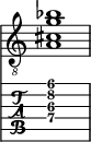  
<<
  %\override Score.BarLine.break-visibility = ##(#f #t #t)
  \time 1/1
    \new Staff  {
    \clef "treble_8"
        \once \override Staff.TimeSignature #'stencil = ##f
        <  a cis' g' bes'>1
    }

     \new TabStaff {
       \override Stem #'transparent = ##t
       \override Beam #'transparent = ##t 
      <  a\4 cis'\3 g'\2 ais'\1>1
  }
>>
