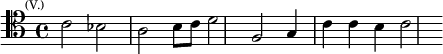 \relative c' { \clef tenor \key c \major \time 4/4 \mark \markup \tiny { (V.) } c2 bes | a b8 c | d2 f, | g4 c c b | c2 }