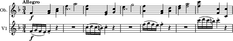 
<< 
  \new Staff \with { instrumentName = #"Ob. "}  
  \relative c'' {
    \version "2.18.2"
    \key f \major
    \time 3/4
    \tempo "Allegro"
     f,4 \f <f a> <a c>
     << \relative  {f'' a2} \relative {c''2.} >> 
     <c f>4 <e, g> <g c> 
     << \relative  {e'' g2} \relative {c''2.} >>
     <a f'>4 <f a> <a d>
     <d f> <f a>2
     <f c'>4 <f, c'> <c c'>
  }
  \new Staff \with { instrumentName = #"V1 "}
  \relative c' {
  \version "2.18.2"
  \key f \major
  \time 3/4
  \tempo "Allegro"
  f16\f (g f e) f4-. r |
  R1*3/4 |
  c'16( d c b) c4-. r |
  R1*3/4 |
  f16( g f e) f4-. r |
  R1*3/4 |
  c'16( d c b) c4-. r |
}
>>
