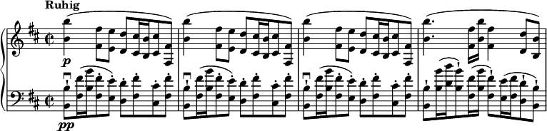 
{ \new PianoStaff << \new Staff \relative b' { \set Score.tempoHideNote = ##t \tempo "Ruhig" 2 = 48 \set Staff.midiInstrument = #"piano" \key b \minor \clef treble \ temps 2/2 <b b'>4 \p ( <fis fis'>8 <e e'>8 <d d'>8 <cis cis'>16 <b b'>16 <cis cis'>8 < fis, fis'>8 ) \noBreak |  % 2 <b' b'>4 ( <fis fis'>8 <e e'>8 <d d'>8 <cis cis'>16 <b b'>16 <cis cis'>8 <fis, fis '>8 ) \noBreak |  % 3 <b' b'>4 ( <fis fis'>8 <e e'>8 <d d'>8 <cis cis'>16 <b b'>16 <cis cis'>8 <fis, fis '>8 ) \noBreak |  % 4 <b' b'>4.  ( <fis fis'>16 <b b'>16 <fis fis'>4 <d d'>8 <b b'>8 ) } \new Staff \relative b, { \set Staff.midiInstrument = #"piano " \key b \minor \clef bass \time 2/2 <b b'>8 \pp -!  \downbow <fis' fis'>16 ( <b b'>16 <fis fis'>8 -. <e e'>8 ) -.  <d d'>8 -.  <fis fis'>8 -.  <cis cis'>8 -.  <fis fis'>8 -.  |  % 2 <b, b'>8 -!  \downbow <fis' fis'>16 ( <b b'>16 <fis fis'>8 -. <e e'>8 ) -.  <d d'>8 -.  <fis fis'>8 -.  <cis cis'>8 -.  <fis fis'>8 -.  |  % 3 <b, b'>8 -!  \downbow <fis' fis'>16 ( <b b'>16 <fis fis'>8 -. <e e'>8 ) -.  <d d'>8 -.  <fis fis'>8 -.  <cis cis'>8 -.  <fis fis'>8 -.  |  % 4 <b, b'>8 -!  <b' b'>16 ( <d d'>16 <b b'>8 ) -!  <fis fis'>16 ( <b b'>16 <fis fis'>8 ) -!  <e e'>16 ( <fis fis'>16 <d d'>8 -! <b b'>8 ) -!  } >> }
