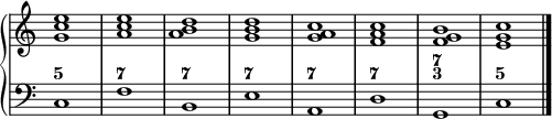 
\new PianoStaff <<
  \new Staff = "right"
  \relative c'' {
    \override Staff.TimeSignature #'stencil = ##f
    <g c e>1
    <a c e>
    <a b d>
    <g b d>
    <g a c>
    <f a c>
    <f g b>
    <e g c>
    \bar "|."
  }
  \new Staff = "left"
  \figuremode {
    <5>1<7><7><7><7><7><7 3><5>
  }
  \context Staff = "left"
  \relative c {
    \clef bass
    \override Staff.TimeSignature #'stencil = ##f
    c1 f b, e a, d g, c
    \bar "|."
  }
>>
